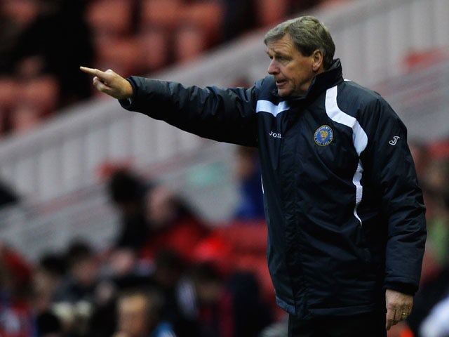 Graham Turner, manager of Shrewsbury Town gives out instructions during the FA Cup Third Round match between Middlesbrough and Shrewsbury Town at Riverside Stadium on January 7, 2012