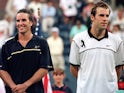 Greg Rusedski and Pat Rafter wait for their trophies after the 1997 US Open final.