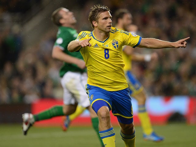 Anders Svensson of Sweden celebrates his goal during the FIFA 2014 World Cup Qualifying Group C match between Republic of Ireland and Sweden at Aviva Stadium on September 6, 2013