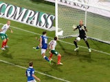 Alberto Gilardino #11 of Italy scores his opening goal during the FIFA 2014 World Cup Qualifying Group B match between Italy and Bulgaria at Stadio Renzo Barbera on September 6, 2013