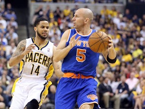 Jason Kidd #5 of the New York Knicks dribbles the ball against the Indiana Pacers during Game Four of the Eastern Conference Semifinals of the 2013 NBA Playoffs at Bankers Life Fieldhouse on May 14, 2013 