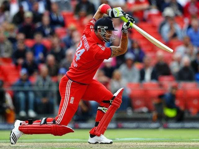 Kevin Pietersen plays a front-foot drive against Australia in the second ODI at Old Trafford on September 8, 2013