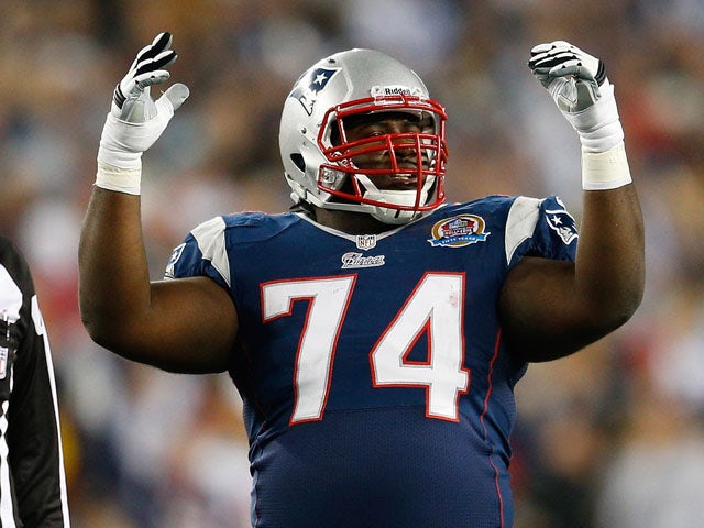 Kyle Love #74 of the New England Patriots reacts against the Houston Texans at Gillette Stadium on December 10, 2012