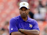 Head Coach Leslie Frazier of the Minnesota Vikings looks on while his team warms up during pre-game warm ups prior to playing the San Francisco 49ers at Candlestick Park on August 25, 2013