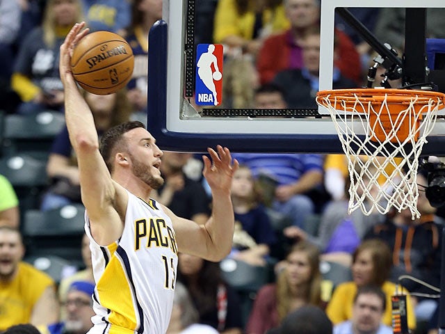 Indiana Pacers' Miles Plumlee in action against Philadelphia 76ers on April 17, 2013