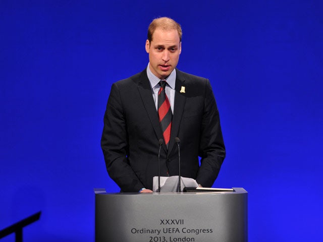 Britain's Prince William, the Duke of Cambridge speaks during the UEFA Congress in central London on May 24, 2013