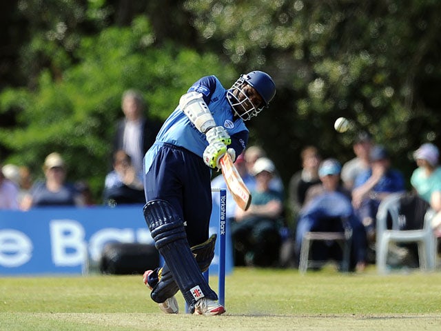 Shivnarine Chanderpaul of Derbyshire hits out to the boundary during the Yorkshire Bank 40 match between Derbyshire and Essex at Leek Cricket Club on June 9, 2013