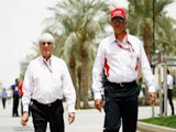 Bahrain International Circuit chief Zayed Al Zayani talks to Bernie Ecclestone on April 20, 2012