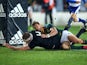 New Zealand's Brodie Retallick scores a try against South Africa during their Rugby Championship match on September 14, 2013