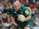 Leicester Tigers prop Dan Cole carries the ball forward in an Aviva Premiership match against Worcestor Warriors on September 8, 2013