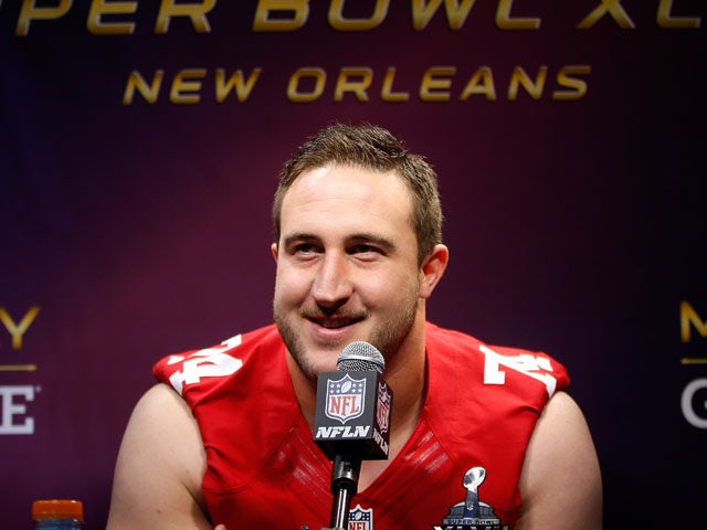 Joe Staley #74 of the San Francisco 49ers answers questions from the media during Super Bowl XLVII Media Day ahead of Super Bowl XLVII at the Mercedes-Benz Superdome on January 29, 2013