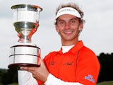 Joost Luiten celebrates with the trophy after winning the KLM Open on September 15, 2013