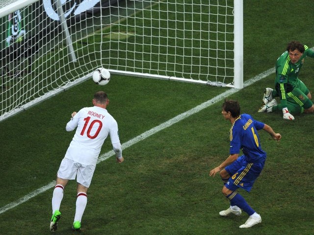 Wayne Rooney scores against Ukraine at the European Championships in June 2012.