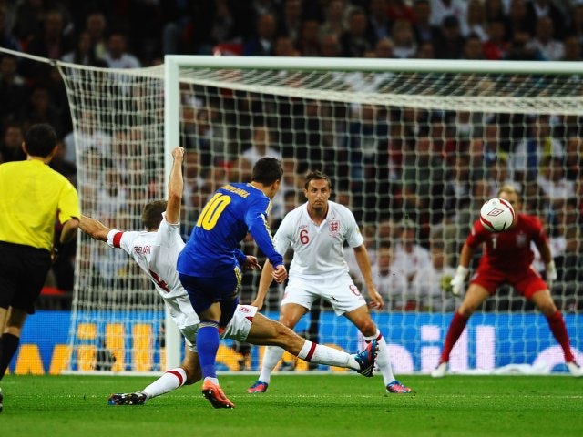 Yevhen Konoplianka scores for Ukraine against England at Wembley in September 2012.