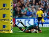 Leicester Tigers' Graham Kitchener scores a try against Newcastle Falcons during their Aviva Premiership match on September 21, 2013