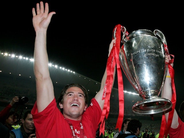 Harry Kewell celebrates winning the Champions League with Liverpool on May 25, 2005