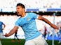 Manchester City's Sergio Aguero celebrates after scoring the opening goal against Manchester United during their Premier League match on September 22, 2013