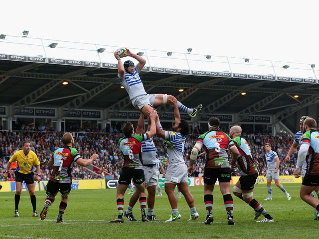 Steve Borthwick of Saracens catches in the line out during the Aviva Premiership match between Harlequins and Saracens at Twickenham Stoop on September 28, 2013