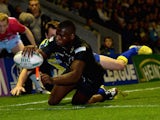 Jermaine McGilvary scores a second half try durng the Super League Qualifying Semi Final between Warrington Wolves and Huddersfield Giants on September 26, 2013