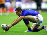 Kevin Sinfield of Leeds Rhinos lines up a conversion during the Super League match between Wigan Warriors and Leeds Rhinos at DW Stadium on September 5, 2013