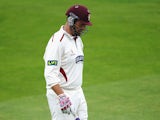 Marcus Trescothick of Somerset walks back to the pavilion after making 2 runs during day two of the LV County Championship division one match between Nottinghamshire and Somerset at Trent Bridge on September 25, 2013