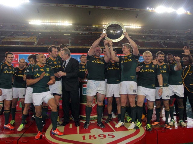 Springbok players celebrate their win during The Rugby Championship match between South Africa and Australia at DHL Newlands Stadium on September 28, 2013