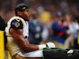 T.J. McDonald #25 of the St. Louis Rams is carted off the field after suffering a knee injury during a game against the San Francisco 49ers at the Edward Jones Dome on September 26, 2013