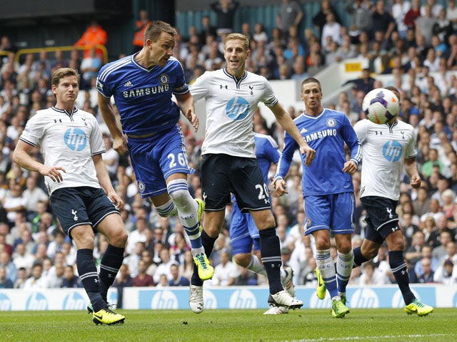 Chelsea's English defender John Terry heads the ball to score a goal during the English Premier League football match between Tottenham Hotspur and Chelsea at White Hart Lane in London on September 28, 2013