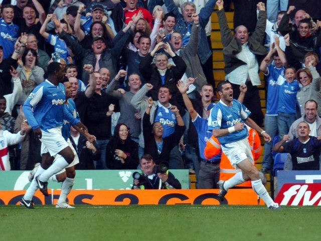 Emile Heskey and Walter Pandiani celebrate the latter's goal for Birmingham City against Liverpool in 2005.