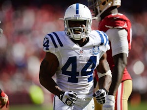 Ahmad Bradshaw #44 of the Indianapolis Colts reacts after he rushed for eight yards during the fourth quarter against the San Francisco 49ers at Candlestick Park on September 22, 2013