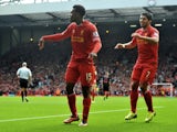 Daniel Sturridge of Liverpool celebrates a goal against Crystal Palace during the Barclays Premier League match at Anfield on October 5, 2013