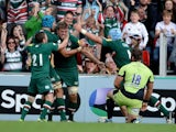 Leicester Tigers' Ed Slater celebrates a try in the Aviva Premiership match with Northampton Saints on October 5, 2013