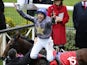 Frankie Dettori celebrates winning The Betfred Cesarewitch at Newmarket racecourse on Never Can Tell on October 8, 2011