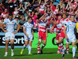 Gloucester fullback Martyn Thomas celebrates his try during the Aviva Premiership match between Gloucester and Exeter Chiefs at Kingsholm Stadium on October 6, 2013