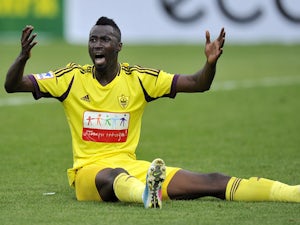 Lacina Traoré of FC Anzhi Makhachkala reacts during the Russian Premier League match between FC Anzhi Makhachkala and FC Alania Vladikavkaz at the Anzhi Arena Stadium on April 07, 2013
