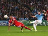 Alvaro Negredo of Manchester City scores his team's goal during the UEFA Champions League Group D match between Manchester City and FC Bayern Muenchen at Etihad Stadium on October 2, 2013