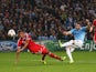 Alvaro Negredo of Manchester City scores his team's goal during the UEFA Champions League Group D match between Manchester City and FC Bayern Muenchen at Etihad Stadium on October 2, 2013