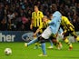 Mario Balotelli of Manchester City scores an equalising penalty kick during the UEFA Champions League Group D match between Manchester City and Borussia Dortmund at the Etihad Stadium on October 3, 2012