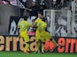Nantes Serbian forward Filip Djordjevic jubilates with teamates after scoring during the French L1 football match Nantes against Evian-Thonon on 5 October, 2013