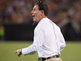 Head coach Pat Shurmur of the Cleveland Browns argues a call by officials during the second quarter of a preseason game against the Chicago Bears at Cleveland Browns Stadium on August 30, 2012