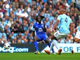 Everton's on-loan forward Romelu Lukaku scores against Manchester City on October 5, 2013