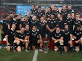 The New Zealand All Blacks celebrate winning the Rugby Championship after their victory during the Rugby Championship match between South Africa Springboks and the New Zealand All Blacks at Ellis Park on October 5, 2013