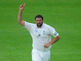 Durham bowler Steve Harmison celebrates the wicket of Kyle Hogg during day two of the LV County Championship division one match between Durham and Lancashire at The Riverside on May 31, 2012