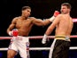 Anthony Joshua catches Emanuele Leo during their Heavyweight bout at O2 Arena on October 5, 2013
