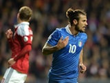 Pablo Daniel Osvaldo of Italy celebrates after scoring the opening goal of the FIFA 2014 World Cup qualifier between Denmark and Italy on October 11, 2013