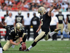 Kicker Garrett Harley #5 of the New Orleans Saints converts a 1st-quarter 44-yard field goal against the Tampa Bay Buccaneers September 15, 2013