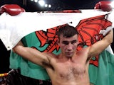 Joe Calzaghe of Wales celebrates after his victory over Will McIntyre of the USA during their WBO World Super-Middleweight title fight on October 13, 2001