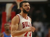 Valdimir Radmanovic of the Chicago Bulls looks back at the bench after missing a shot against the Oklahoma City Thunder at the United Center on November 8, 2012