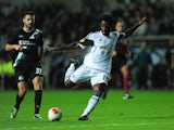 Swansea player Wilfried Bony gets in a shot at goal during the UEFA Europa League match between Swansea City and FC St Gallen at Liberty Stadium on October 3, 2013