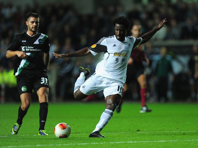 Swansea player Wilfried Bony gets in a shot at goal during the UEFA Europa League match between Swansea City and FC St Gallen at Liberty Stadium on October 3, 2013